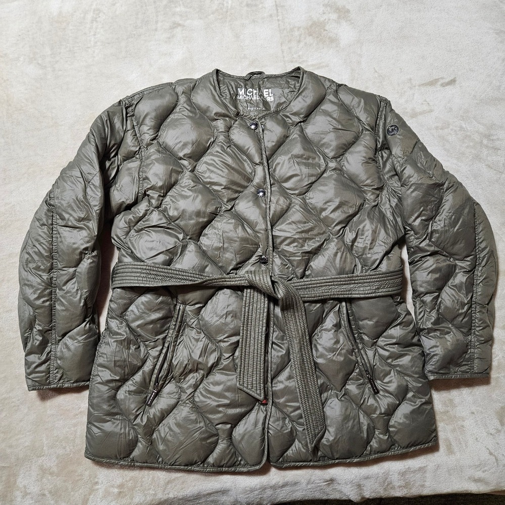 Michael Kors Olive Green Packable Puffer Jacket Womens Large Quilted Belted